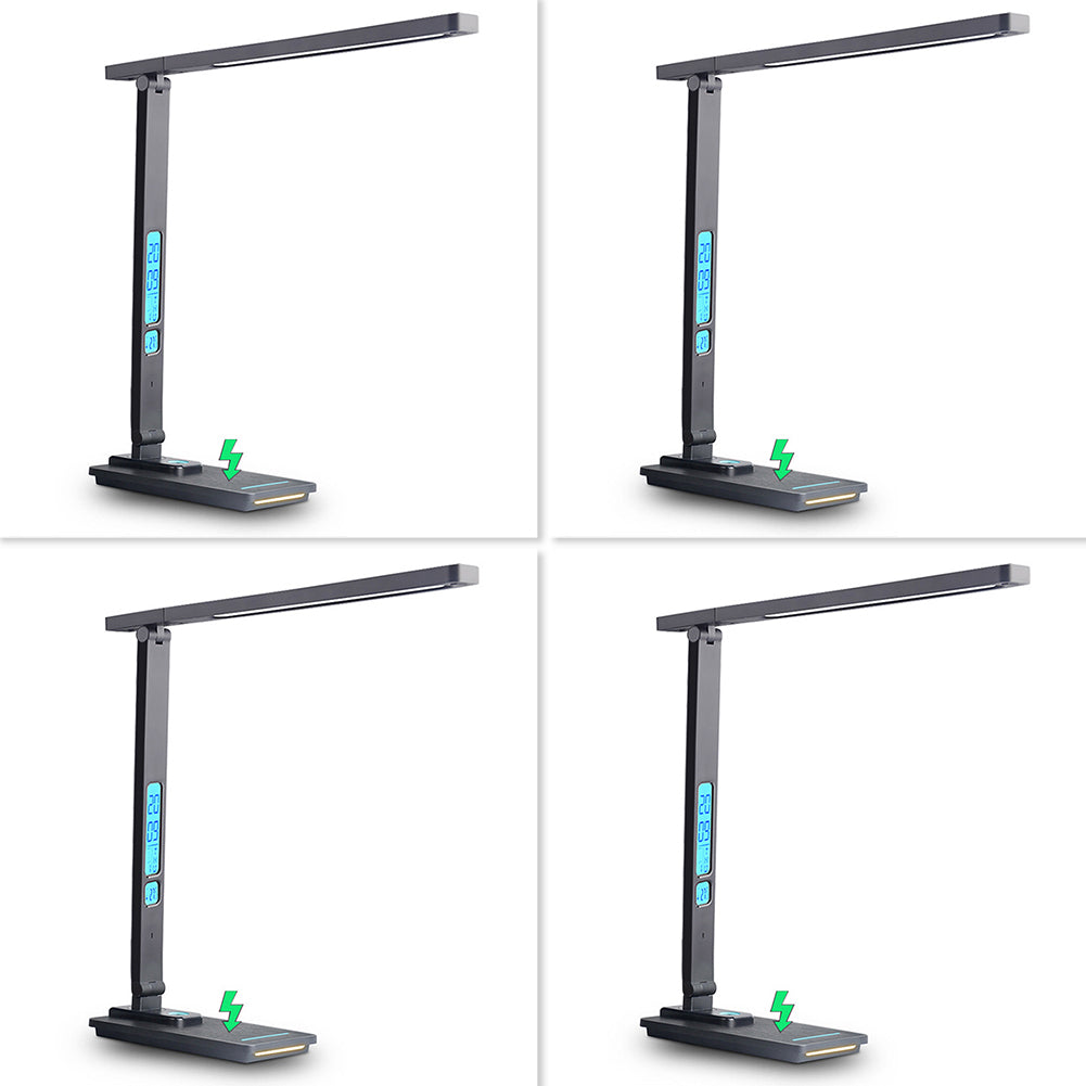 LED Desk Lamp with Wireless Charger Dual Lcd Display Multi-functional Smart Eye Caring Table Lamps Black US Plug