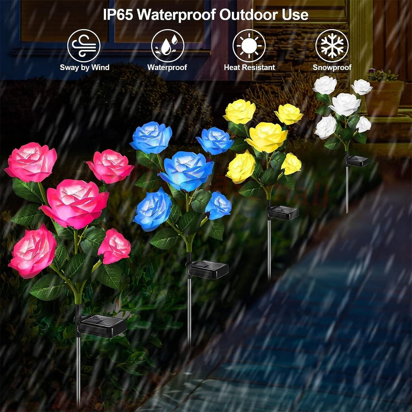 Solar 5 Heads Rose Lamp Outdoor Waterproof Simulation Rose Flower Lawn Decorative Lamp For Garden Yard Patio Decoration red