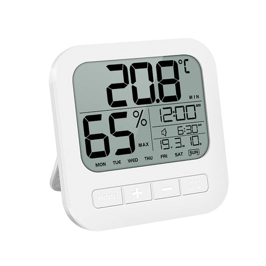 Mini Digital Thermometer Hygrometer Alarm Clock LCD Display Battery Powered For Home Office Restaurants Bars Cafe White