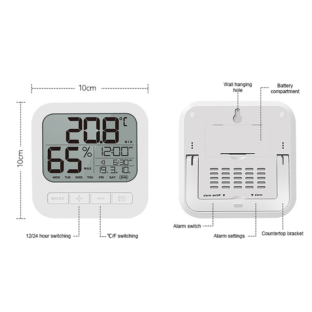 Mini Digital Thermometer Hygrometer Alarm Clock LCD Display Battery Powered For Home Office Restaurants Bars Cafe White