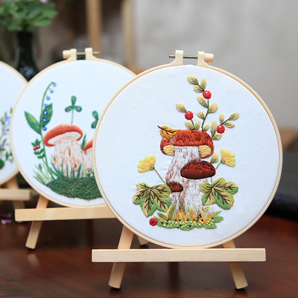 Embroidery Starter Kit With Embroidery Hoops Scissors Needle Threader Colorful Mushrooms Pattern Cross Stitch Starter Kits 4-piece set
