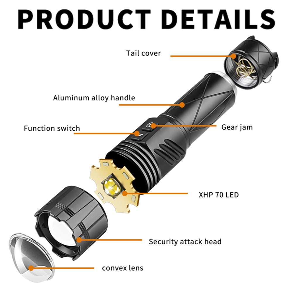 30W LED Mini Flashlight Type-c Charging XHP70 Strong Light Aluminum Alloy Hand Lantern For Emergency Camping Hiking 1472-P70 flashlight