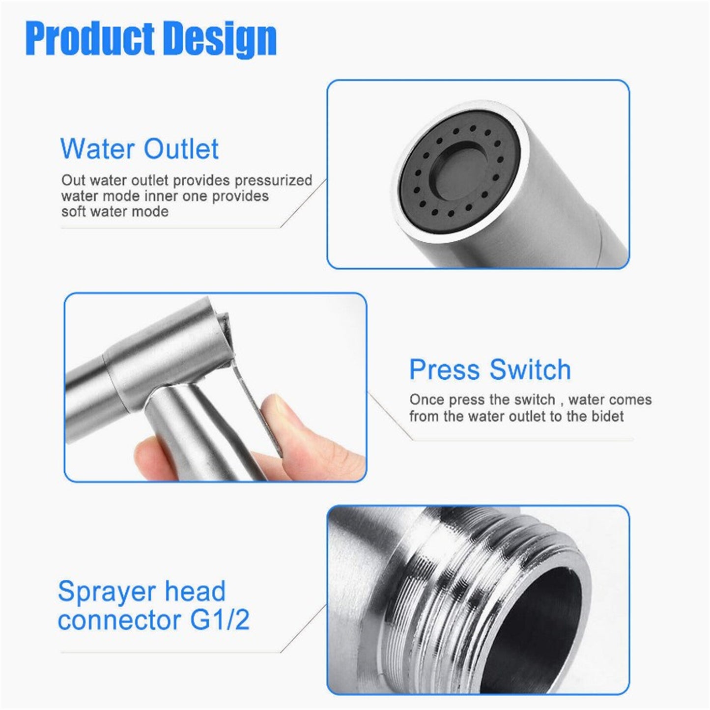Bathroom Spray Ergonomic Design Water Saving Rust-proof Anti-corrosion 304 Stainless Steel Seat Bidet Attachment silver