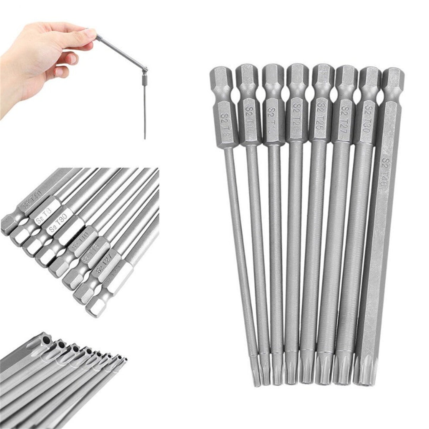 8Pcs Screwdriver Bit With 1/4'' Shank 150mm 200mm Screw Wrench Magnetic Star T8 T10 T15 T20 T25 T27 T30 T40 100mm