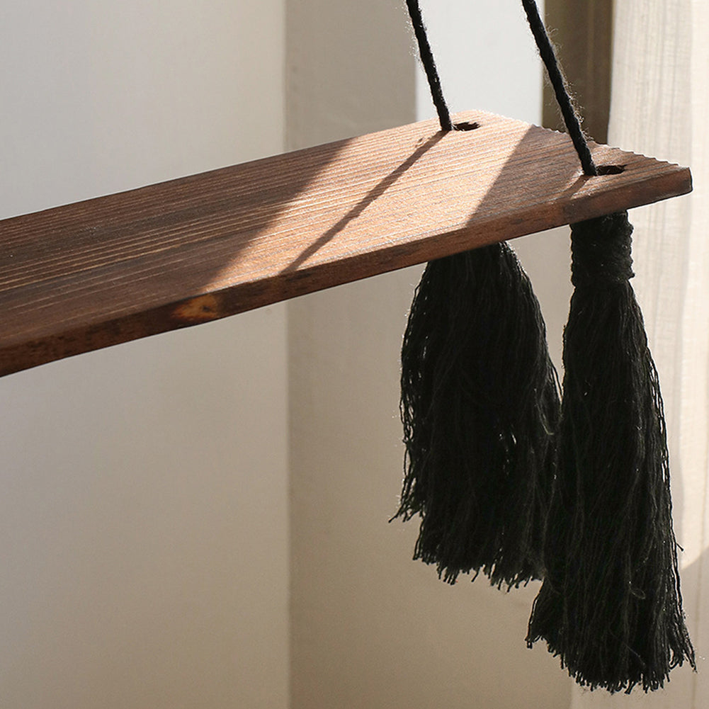 Wall Hanging Shelves Plant Shelf Rope Wooden Hanging Storage Floating Shelves For Bedroom Bathroom Living Room black
