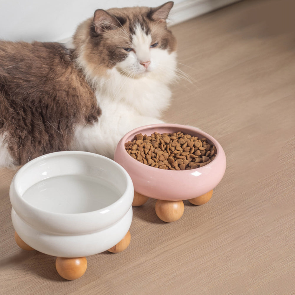 Ceramic Cat Feeding Bowls Large Capacity Neck Protection Anti Vomiting Food Water Bowls Food Dispenser With Wooden Ball Rack (15.2 x 8.8cm) (white)